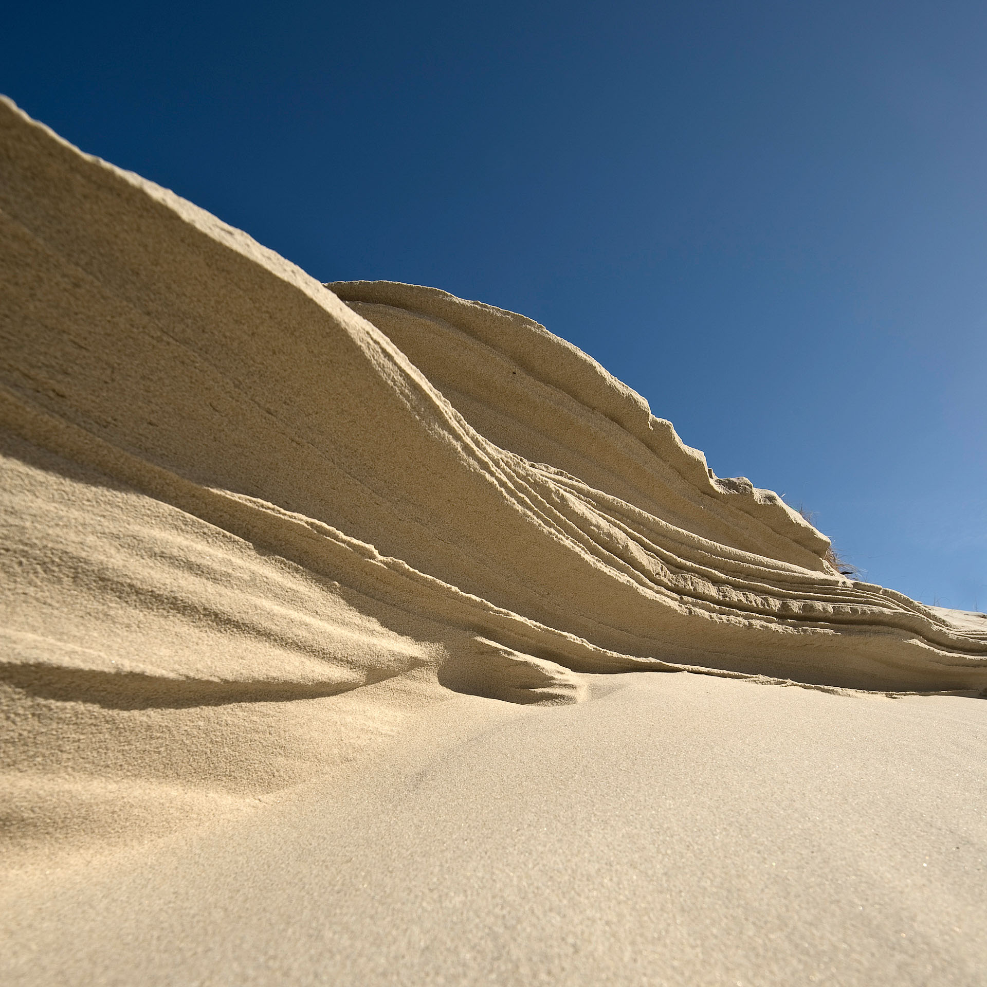 Sculpted sand bank against a deep blue sky