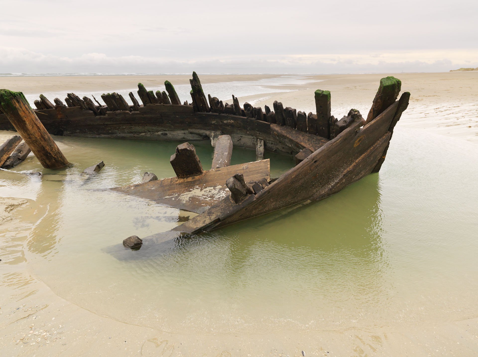 Broken wooden hull of a shipwreck in shallow water